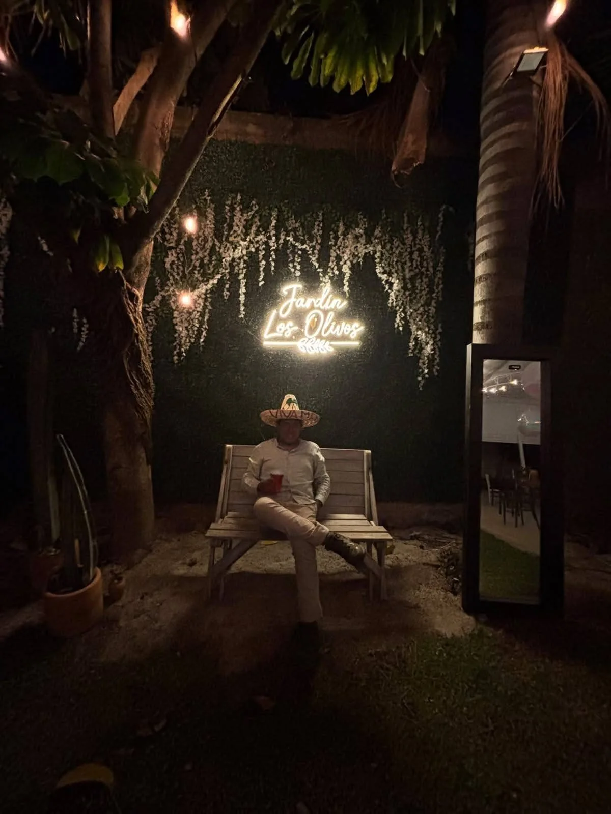 Jardín Los Olivos de noche con luces